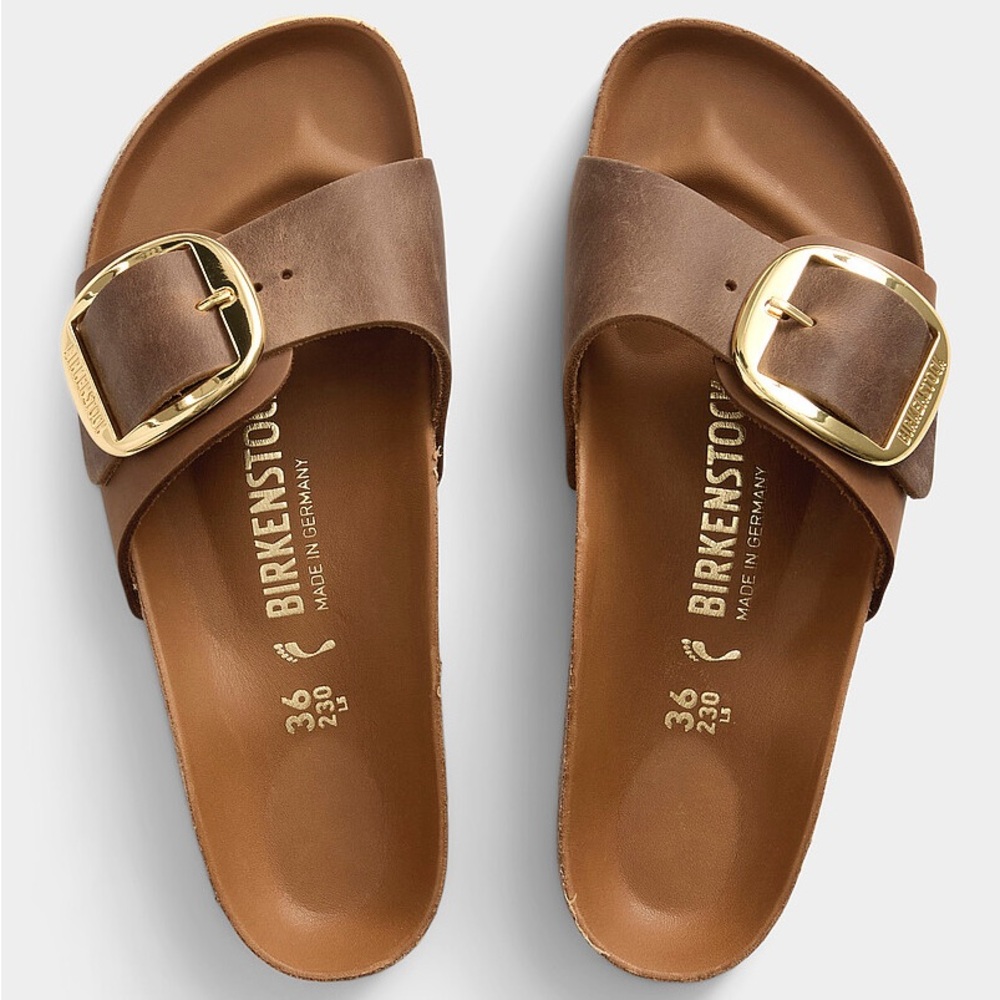 Birkenstock Madrid Suede Slides in Brown with Gold Buckle
